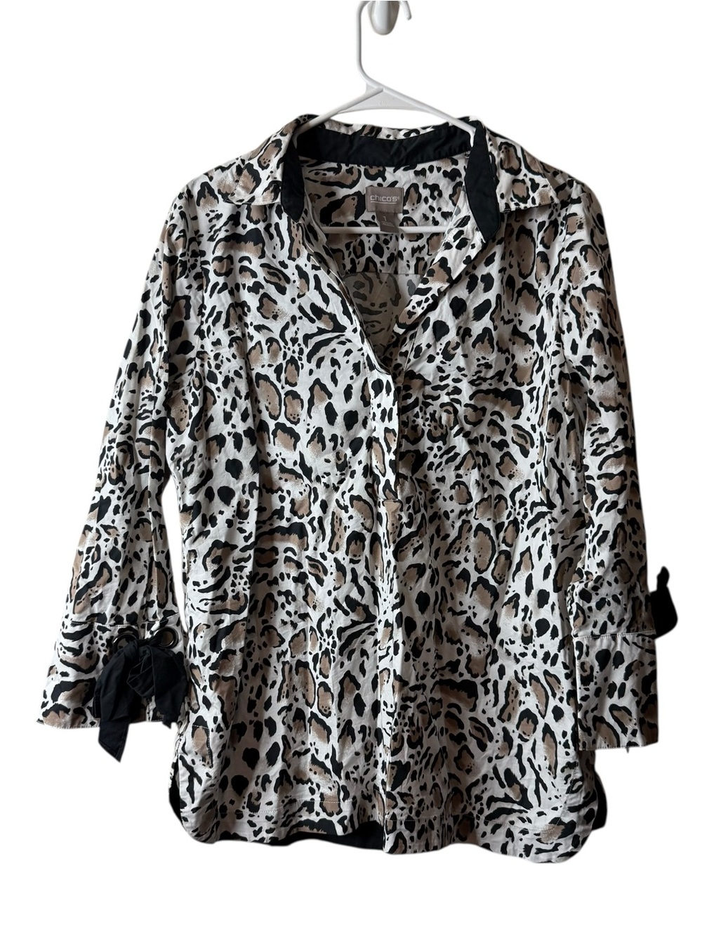Chicos White Animal Print Collared Button Tie Sleeve Blouse 1